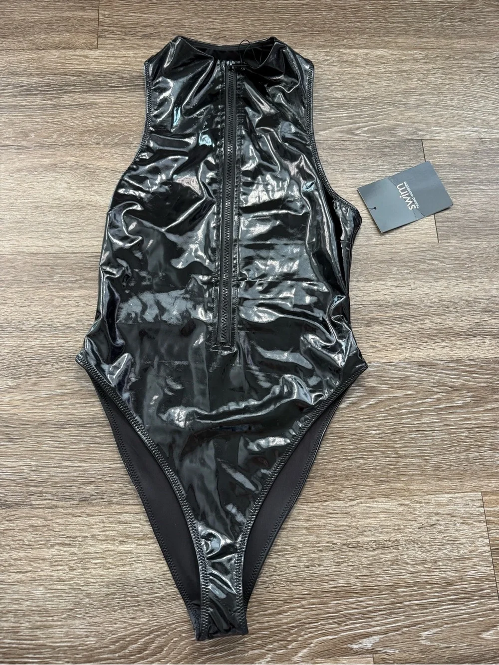 Naked Wardrobe Swim Vinyl Zip One-Piece Black